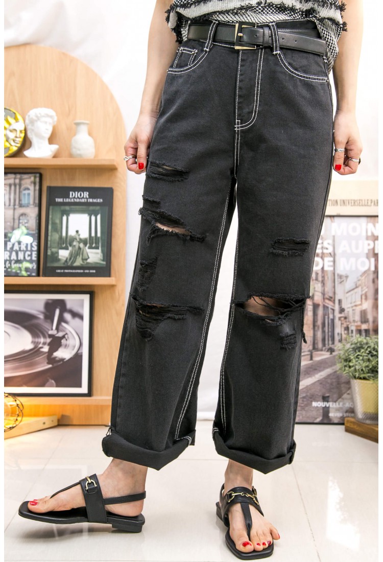 2315-1065 -" 這是 size S "  型格 -後腰橡根 ‧ 拼色車線 ‧ 爛爛喇叭牛仔褲 (韓國)  0 